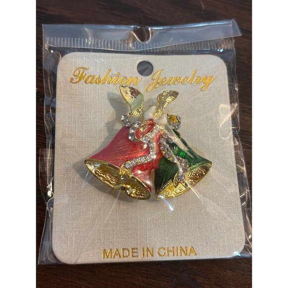Christmas Bell Brooch Pin Rhinestones Red & Green Holiday Jewelry Gold Tone - Picture 1 of 4